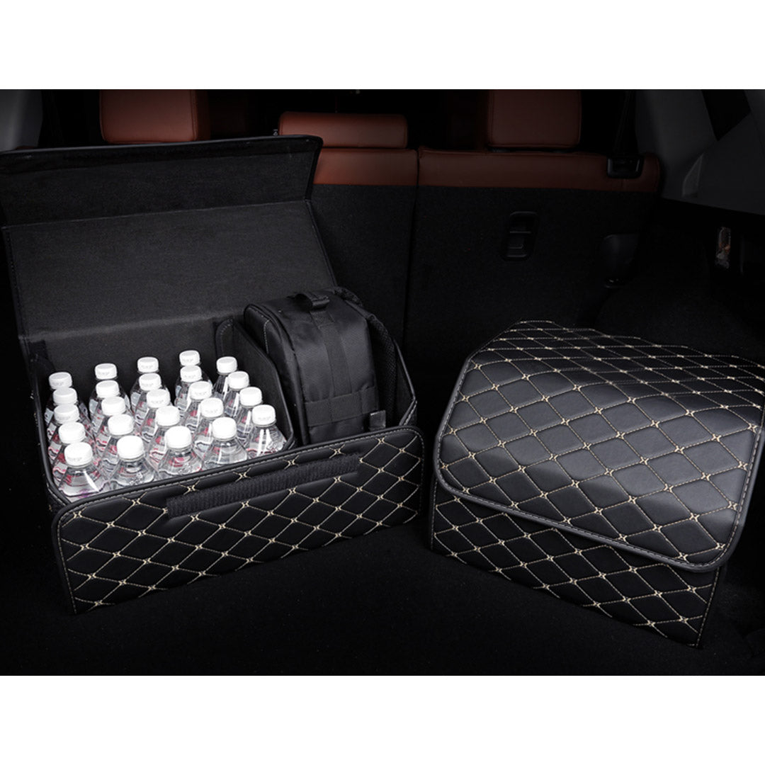 NNEAGS Leather Car Boot Collapsible Foldable Trunk Cargo Organizer Portable Storage Box Black/Gold Stitch Large-4