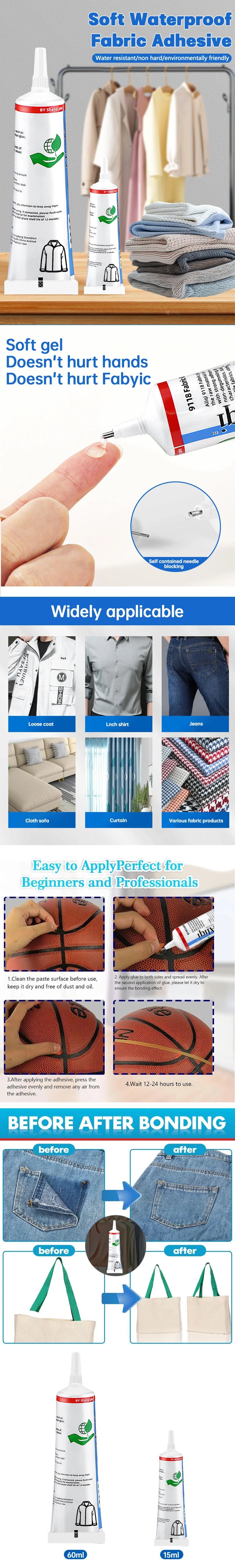 15/60ml Strong Fabric Glue Quick Dry Fabric Patching Glue Transparent Fabric Repair Seam Adhesive Waterproof Fabric Sewing Glue