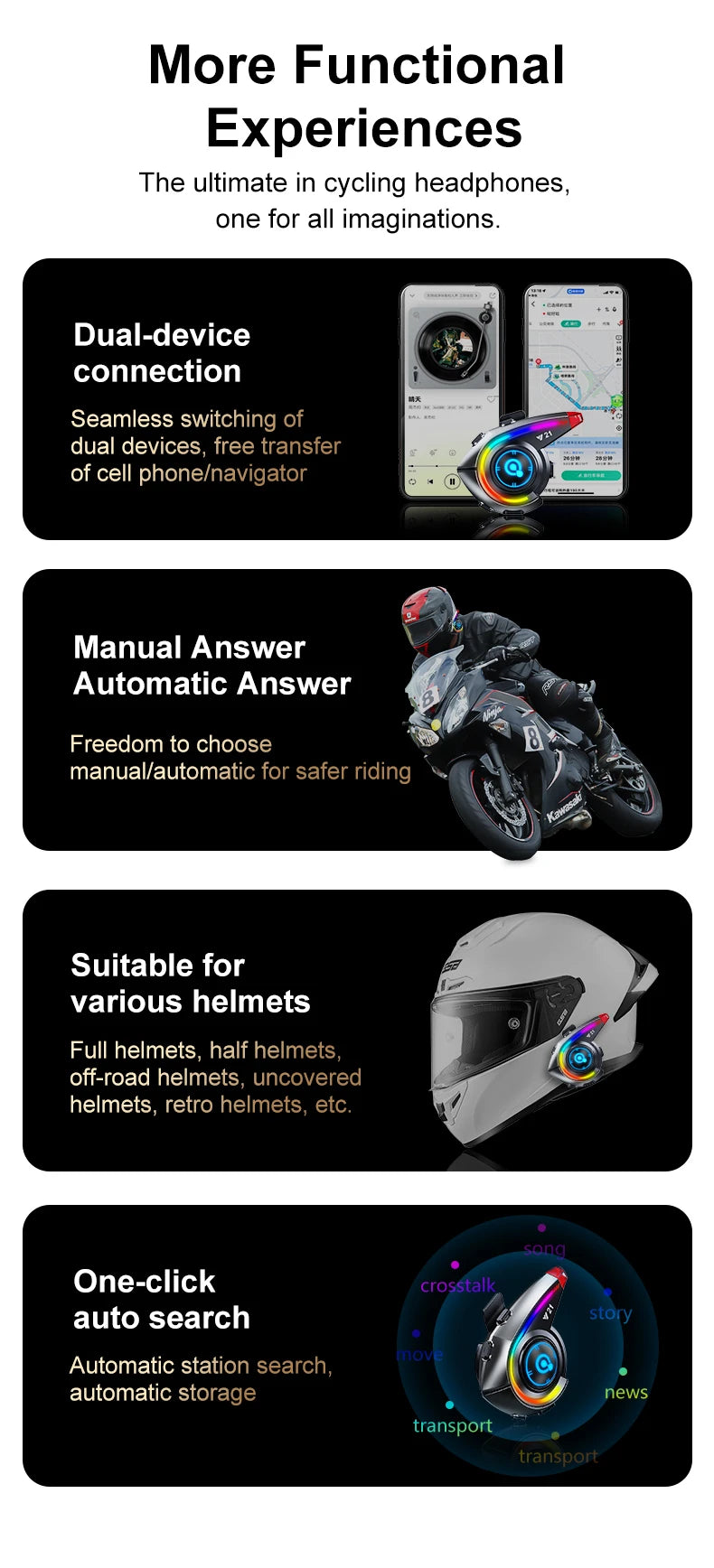 Helmet Bluetooth Headset 18H Ultra-Long Battery Life with Fm Function Waterproof Bluetooth 5.4 Custom Light 800Mah