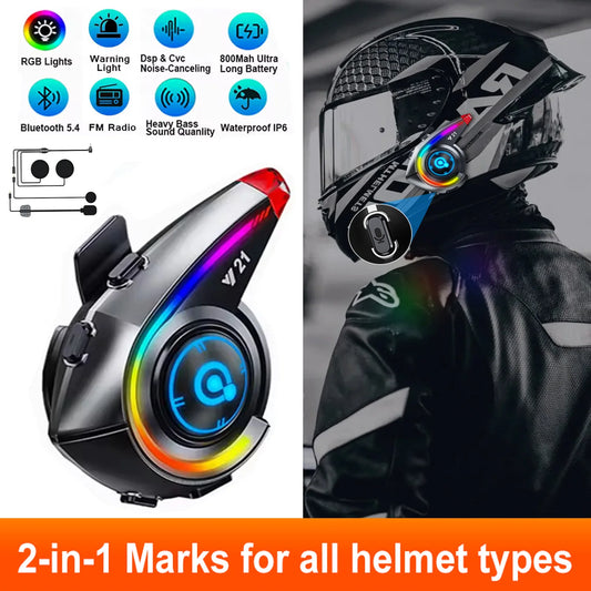 Helmet Bluetooth Headset 18H Ultra-Long Battery Life with Fm Function Waterproof Bluetooth 5.4 Custom Light 800Mah