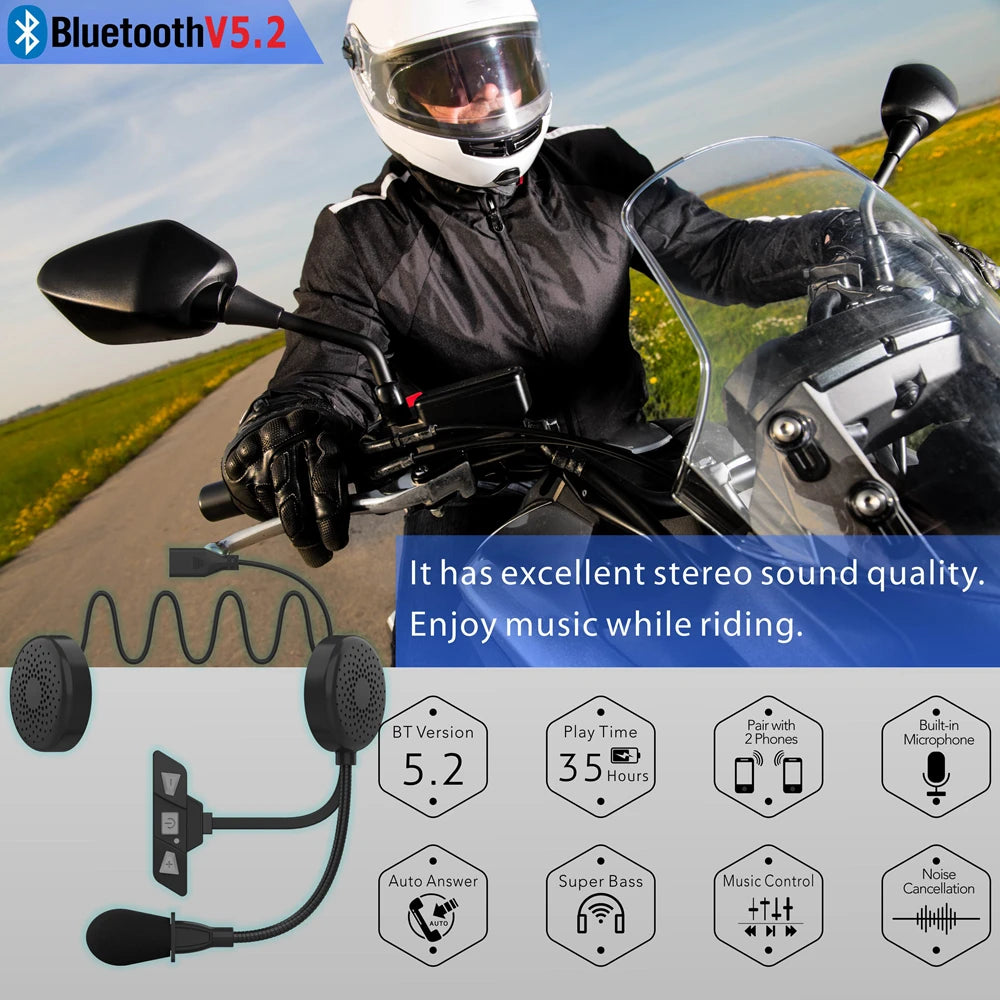 Bluetooth 5.2 Motorcycle Helmet Headset Wireless Handsfree Stereo Music Player Moto Headphone Noise Reduction Earphone With Mic