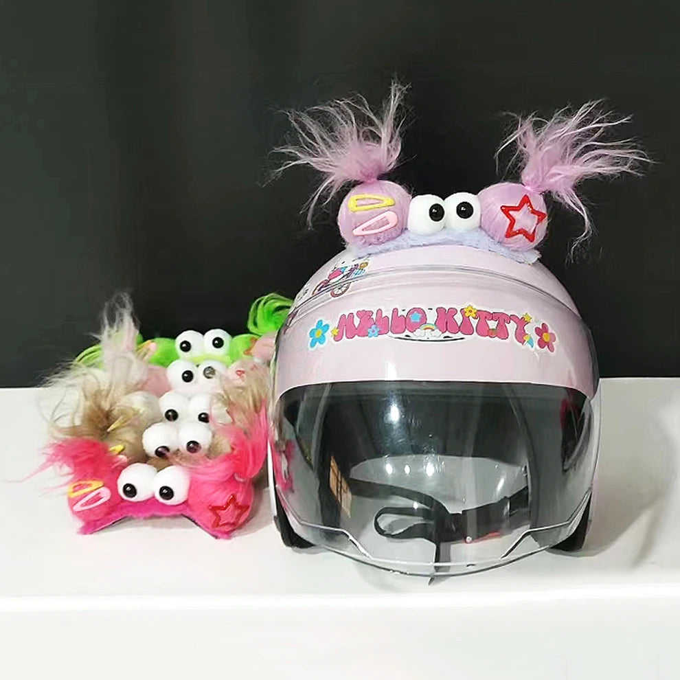 Cute Funny Helmet Decoration Braids Wigs Motorcycle Cycling Ski Helmet Funny Decor Accessories Sticker Double Horsetail Cat Ears