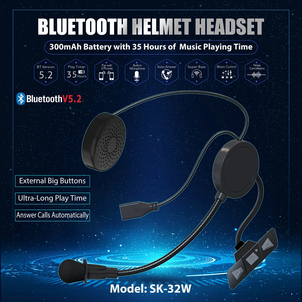 Bluetooth 5.2 Motorcycle Helmet Headset Wireless Handsfree Stereo Music Player Moto Headphone Noise Reduction Earphone With Mic