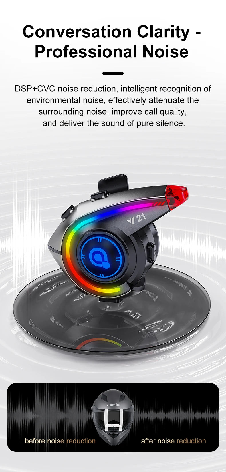 Helmet Bluetooth Headset 18H Ultra-Long Battery Life with Fm Function Waterproof Bluetooth 5.4 Custom Light 800Mah