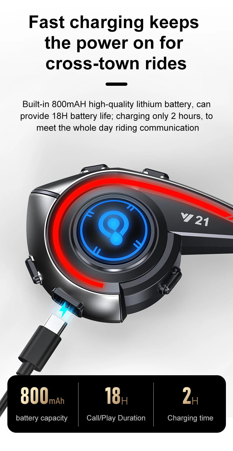 Helmet Bluetooth Headset 18H Ultra-Long Battery Life with Fm Function Waterproof Bluetooth 5.4 Custom Light 800Mah