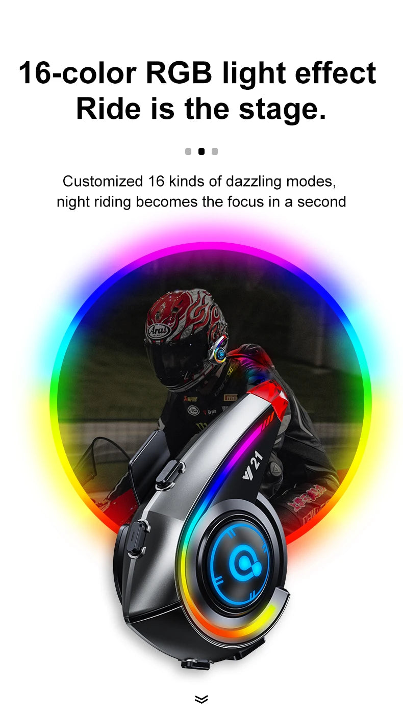 Helmet Bluetooth Headset 18H Ultra-Long Battery Life with Fm Function Waterproof Bluetooth 5.4 Custom Light 800Mah