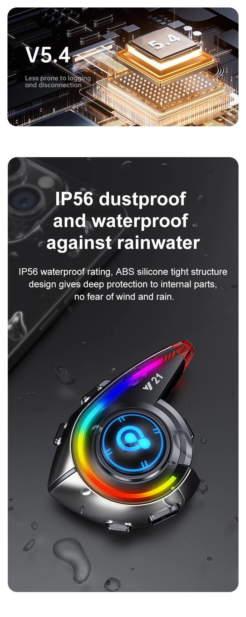 Helmet Bluetooth Headset 18H Ultra-Long Battery Life with Fm Function Waterproof Bluetooth 5.4 Custom Light 800Mah