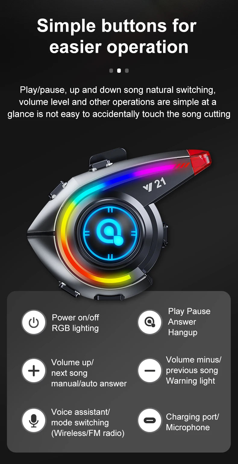 Helmet Bluetooth Headset 18H Ultra-Long Battery Life with Fm Function Waterproof Bluetooth 5.4 Custom Light 800Mah